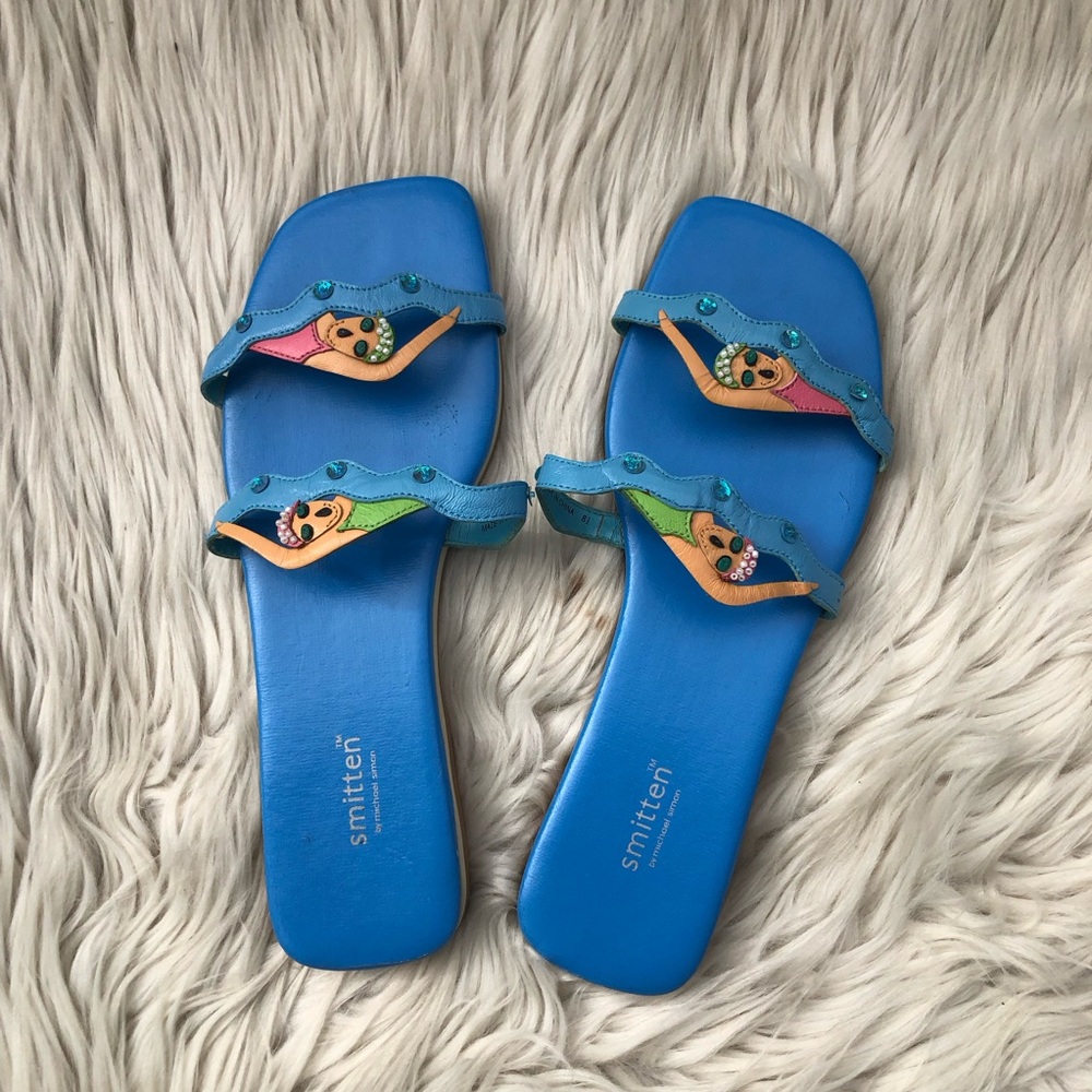 Michael Simon Smitten Swimmers Leather Sequins Beaded Slide Sandals size 8.5